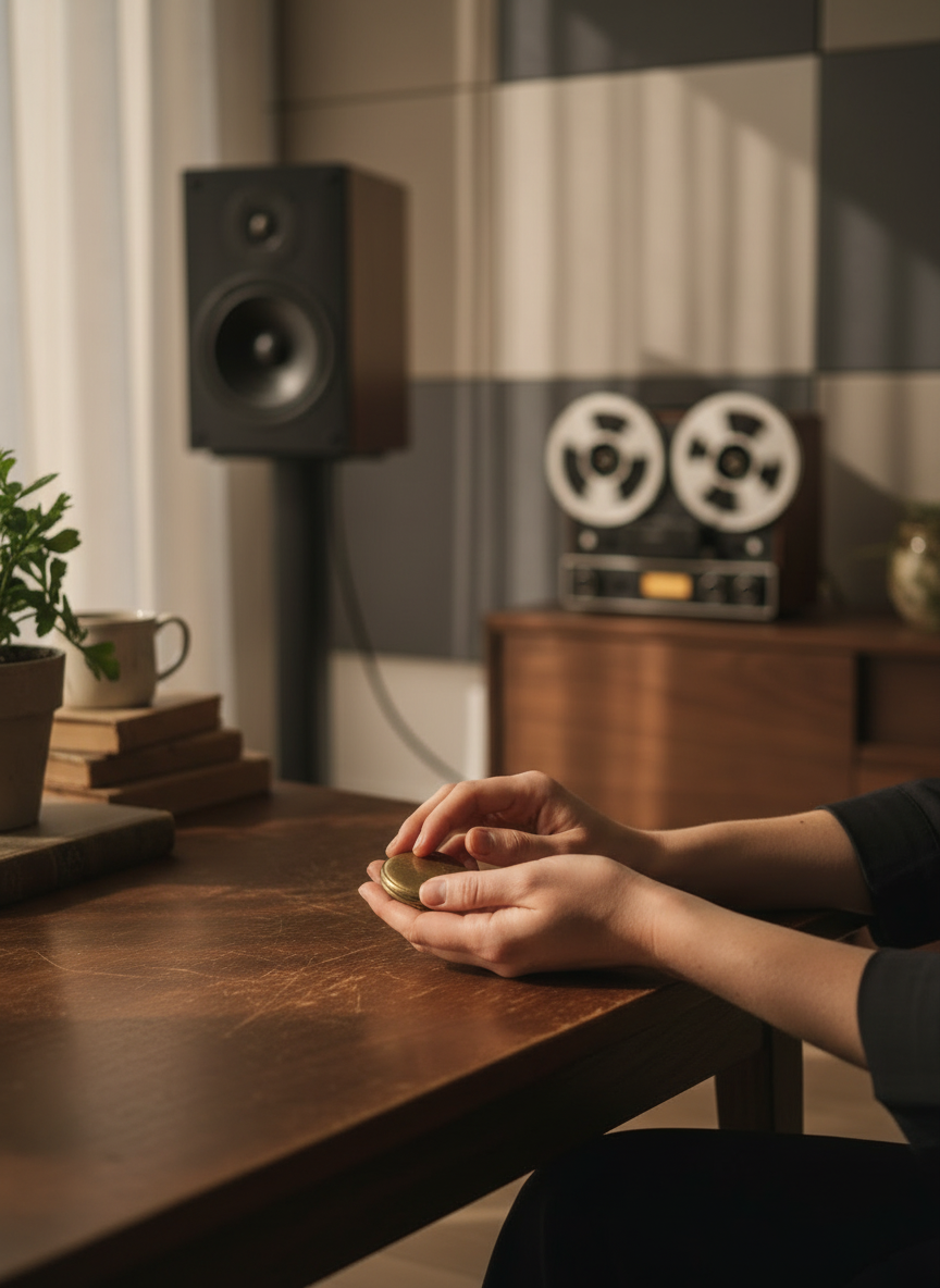 A close, unposed portrait scene in a real, lived-in home, with hands gently resting on a table or holding a keepsake, soft natural light filtering through sheer curtains, warm and intimate atmosphere, photographic, subtle grain, sophisticated and calm, no studio backdrops, no staged poses.